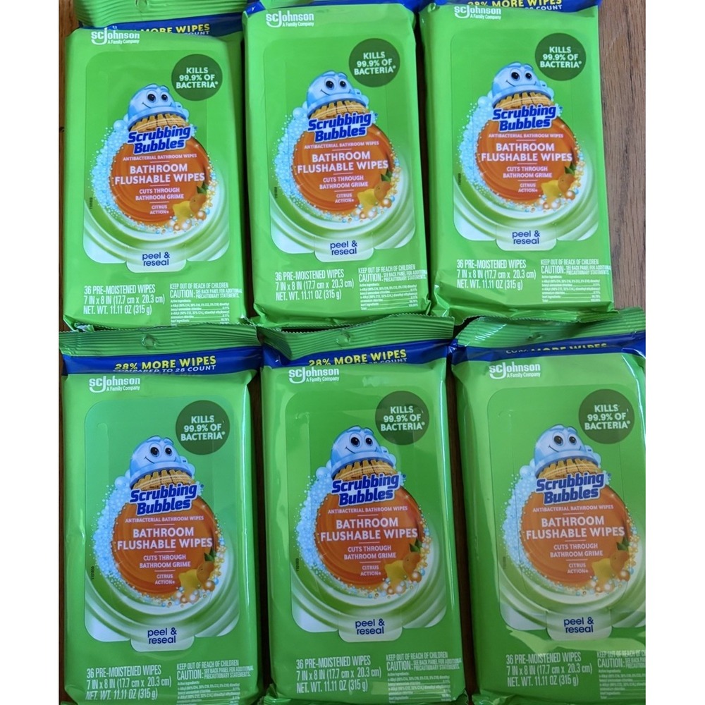 6x Scrubbing Bubbles Bathroom Flushable Wipes Cleaning Disinfecting, 36 Per Pack